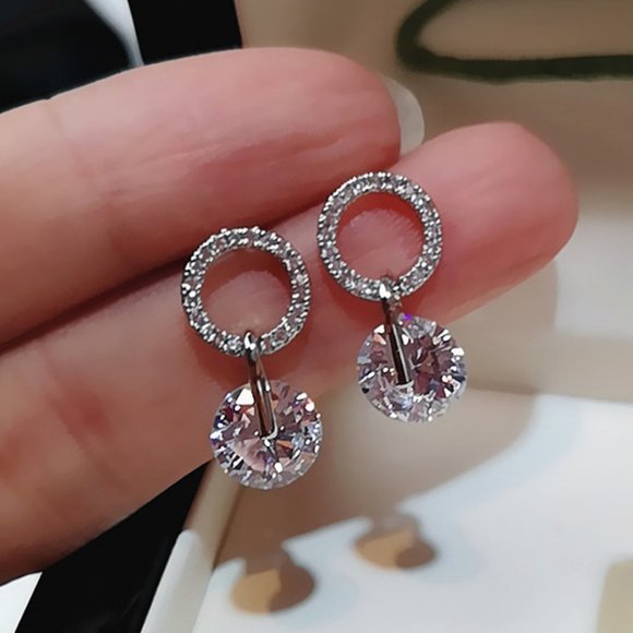 18K White Gold Solitaire Diamond Circle Earrings 2 - Picture 7 of 11